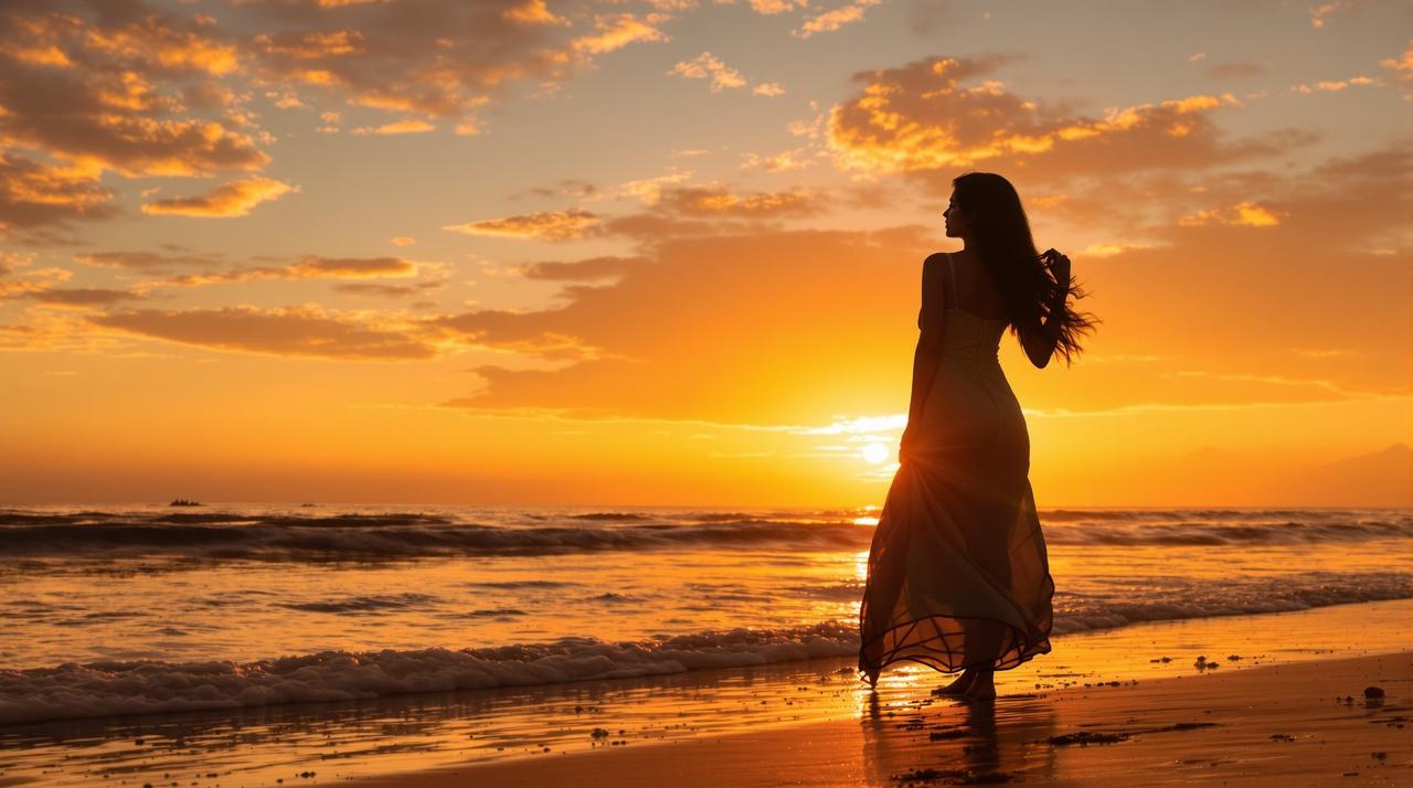海边日落美女壁纸